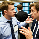 **

A seasoned portfolio manager gesturing emphatically while speaking to a younger analyst who looks skeptical.  The setting is a bustling trading floor, but the focus is on their conversation.  Emphasize the contrast between theoretical knowledge (books visible in the background) and the chaotic reality of the market.  The overall tone is thoughtful and slightly humorous, highlighting the phrase "marknaden struntar i dina fina modeller om de inte är förankrade i verkligheten" – perhaps visually representing the market disregarding a complex equation.

**