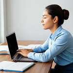 A focused financial analyst candidate in modest business casual attire, sitting at a clean, organized desk in a well-lit home office. A Pomodoro timer is visible, and open books and a laptop are on the desk. In the background, subtle elements suggesting well-being, like a yoga mat or a healthy snack. The person is taking a short, focused break, stretching gently or practicing deep breathing, indicating mindfulness and physical health. Professional photography, high resolution, soft lighting, sharp focus, fully clothed, modest clothing, appropriate attire, professional dress, safe for work, appropriate content, professional, perfect anatomy, correct proportions, natural pose, well-formed hands, proper finger count, natural body proportions.