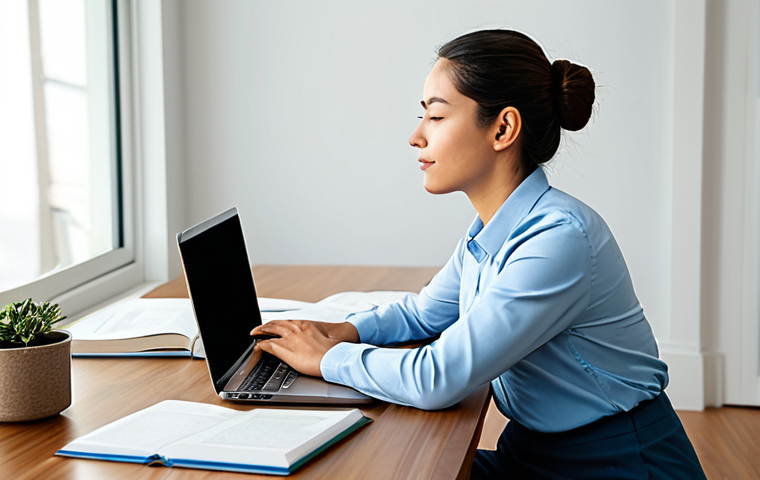 A focused financial analyst candidate in modest business casual attire, sitting at a clean, organized desk in a well-lit home office. A Pomodoro timer is visible, and open books and a laptop are on the desk. In the background, subtle elements suggesting well-being, like a yoga mat or a healthy snack. The person is taking a short, focused break, stretching gently or practicing deep breathing, indicating mindfulness and physical health. Professional photography, high resolution, soft lighting, sharp focus, fully clothed, modest clothing, appropriate attire, professional dress, safe for work, appropriate content, professional, perfect anatomy, correct proportions, natural pose, well-formed hands, proper finger count, natural body proportions.